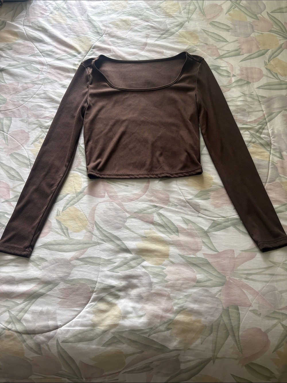 SHEIN Chocolate Brown Long Sleeve Square Neck Crop Top